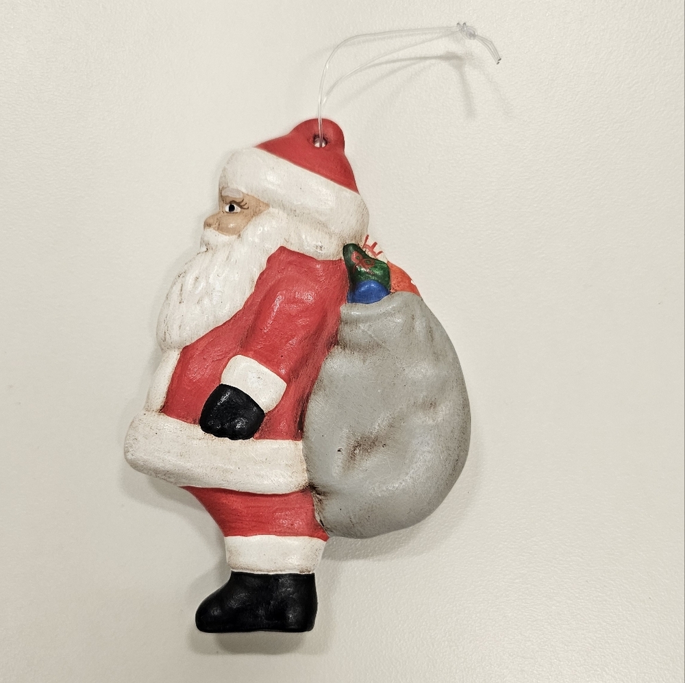 Vintage & Rare Hand Painted Ceramic 1978 Santa Claus Holiday Ornament w/ Bag